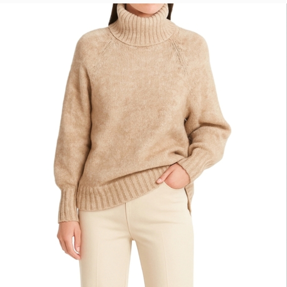 Michael Kors Camel Cable Marbled White Turtleneck Sweater Medium Tan - Picture 1 of 6